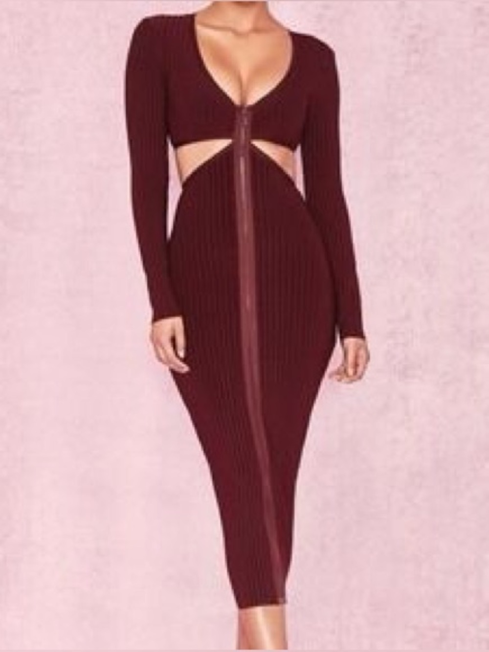 House of CB Ribbed Cutout Bodycon Dress in Burgundy